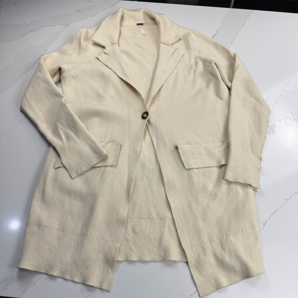 Free People Cream Ribbed Knit Long Open Front Cardigan‎ Duster Blazer